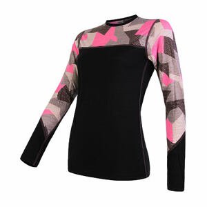 SENSOR MERINO IMPRESS dámske tričko dl.rukáv čierna / ružová camo Veľkosť: XL